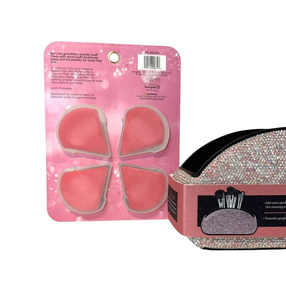 Glitz & Glam Pink Rhinestone Makeup Brush Holder and 4pc Powder Puff‎ Set NEW